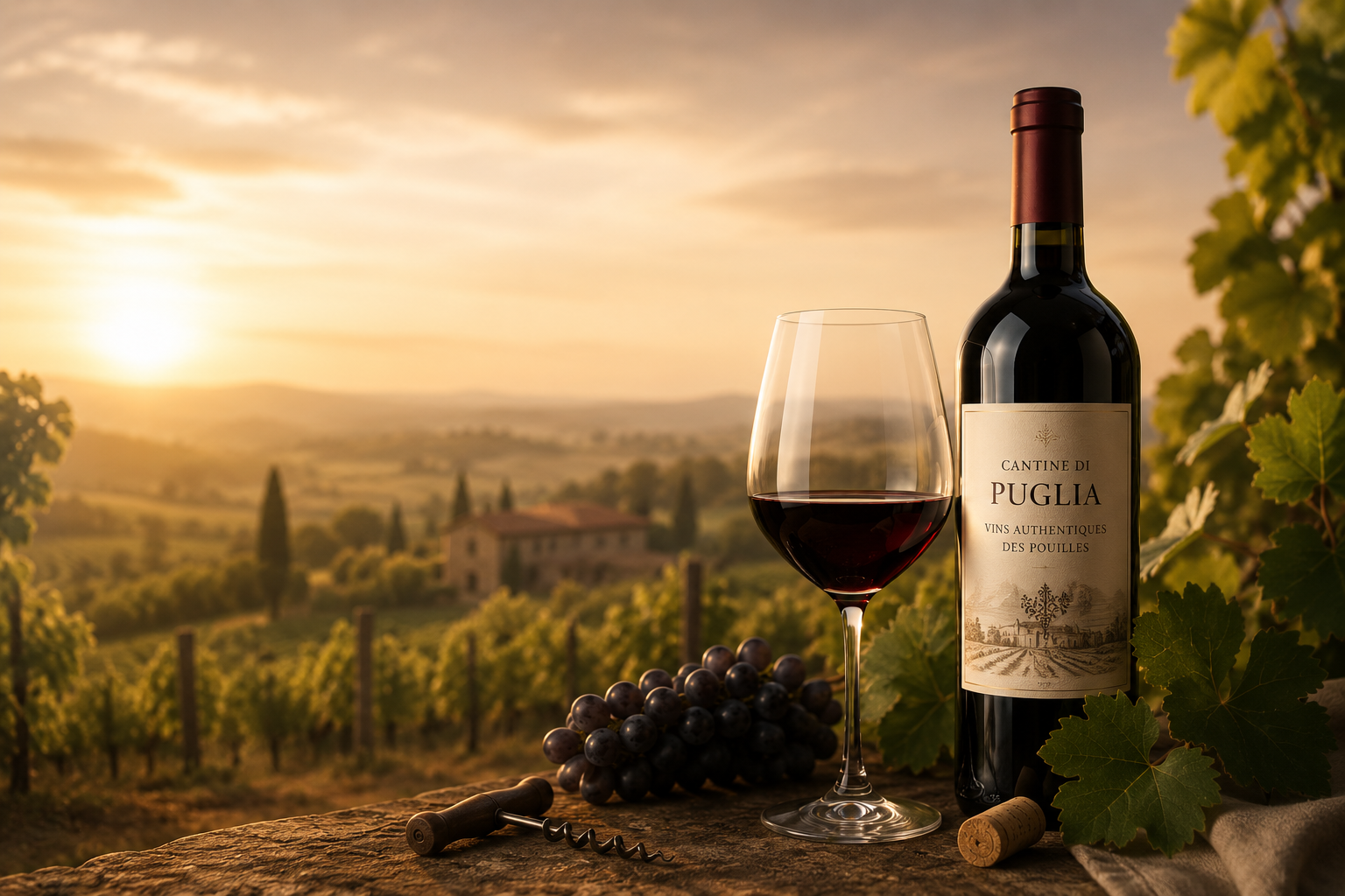 Vignobles des Pouilles au coucher du soleil — bouteille Cantine di Puglia, verre, raisins et tire-bouchon